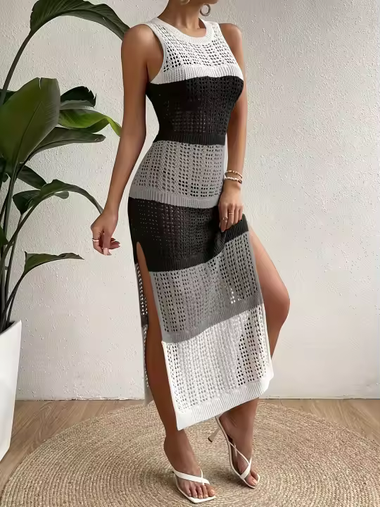 Falda De Moda Otoño/Invierno 2024 Estilo De Playa Casual Delgada Diseñadora Niche Con Abertura Alta Vestido De Tricot Polyester Sin Estirar Cuello O Regular - 1