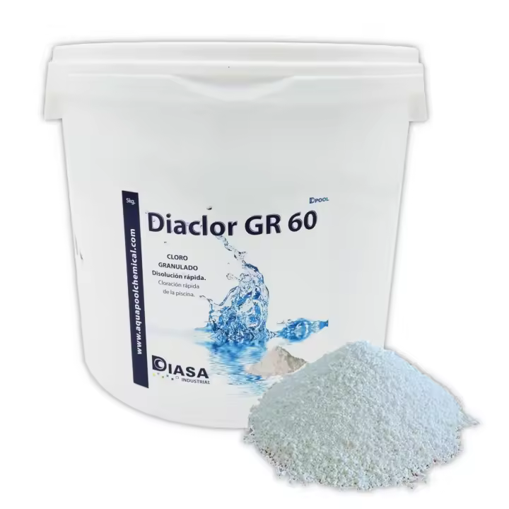 DIASA INDUSTRIAL Diaclor GR 60, 5Kg. Cloro granulado de rápida disolución para piscinas. Elimina bacterias y microorganismos evitando el desarrollo de algas y manteniendo el agua limpia y cristalina. - 1