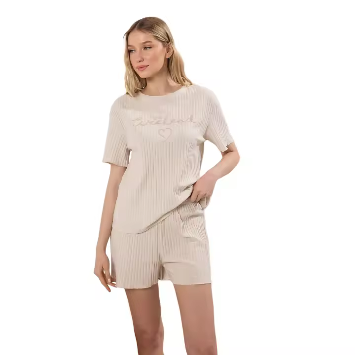 Trendyol Dusty Rose Slogan And Heart Embroidered Ribbed Shorts Knitted Pajama Set Thmss25Pt00402 - 1