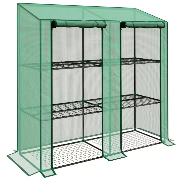 Outsunny Invernadero de Jardín de 3 Niveles Invernadero de Terraza con Estantes Techo Inclinado y 2 Puertas con Cremallera para Cultivo de Plantas en Patio 143x46x141/151 cm - 1