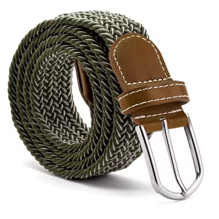 CINTURONTOP Cinturón Trenzado de Tela Elástico Ajustable Blanco y Verde 110 Cm - 1