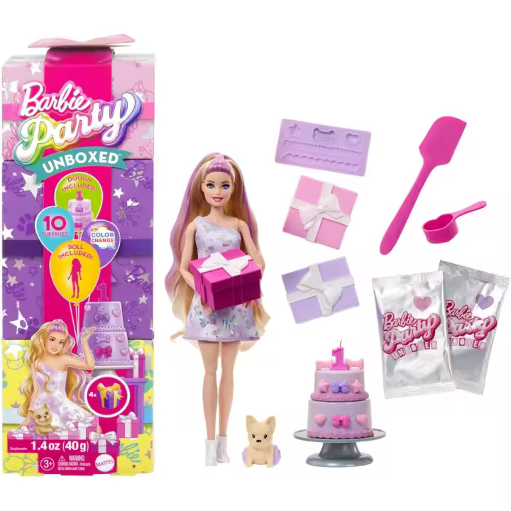 Barbie Party Unboxed Serie Cumpleaños de Mascotas Lazos de cumpleaños Muñeca y Accesorios, Conjunto con 10 sorpresas, como Cambio de Color y función de decoración de Pasteles (JFG70) - 1