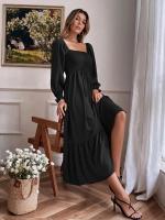 Vestido De Mujer Para Primavera/Verano Con Cuello Cuadrado Y Mangas Largas Ajustado En Cintura Con Volantes Y Corte Flared - details 12
