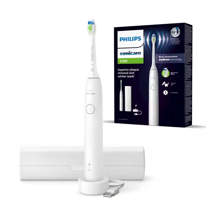 Cepillo Sonicare Series 5300 | 1 modo de limpieza y 2 intensidades. Incluye 1 cabezal de blanqueamiento Optimal White W2, 1 funda de viaje Slim y 1 cargador USB. Color: blanco. (HX7108/02) - 1