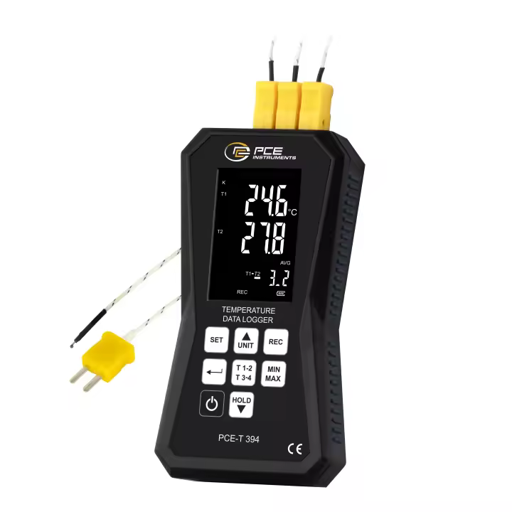 Termómetro con memoria de 32.000 valores / Rango: -210 ... 1370 °C / 4 canales / Para termopares tipo K y J / Funciones: MIN, MAX, AVG, HOLD / PCE Instruments - 1