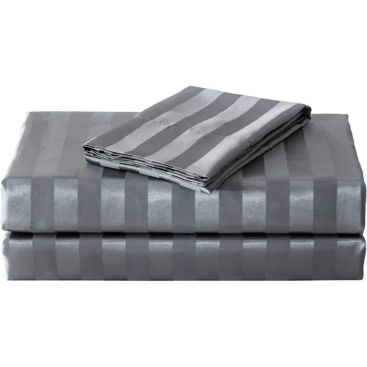 Juego de cama Queen con sábanas de satén y seda, color gris oscuro, suave y fresco, con bolsillos profundos, hipoalergénico, resistente a las arrugas y a la decoloración, juego de sábana ajustable de 3 piezas y funda de almohada a rayas. - 1