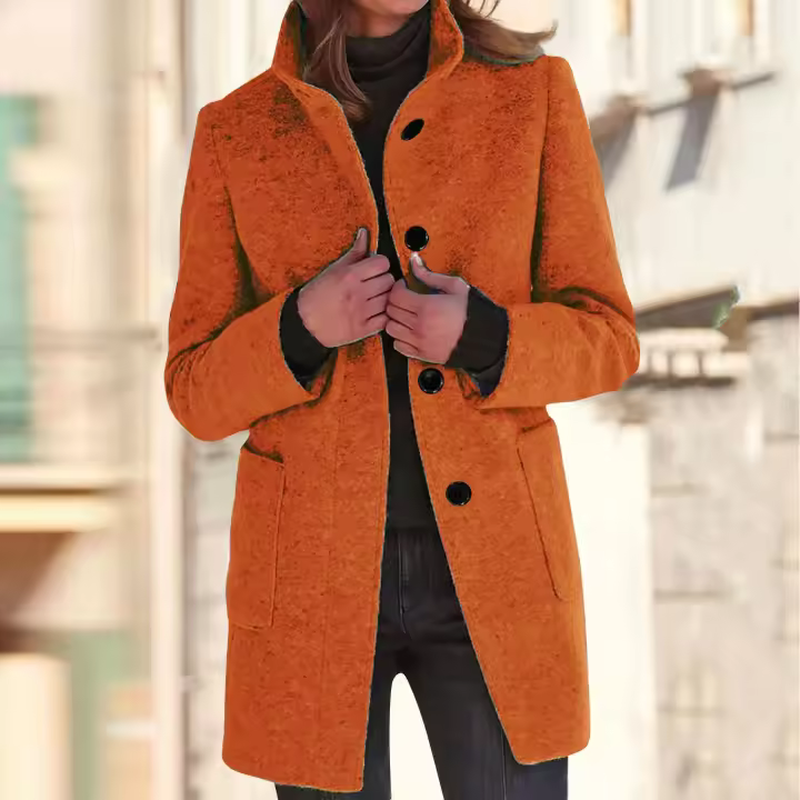 Chaqueta De Lana Para Mujer Con Bolsillos Cuello Lapel Larga Casual Invierno Abrigo Elegante De Color Sólido Talla plus - 1