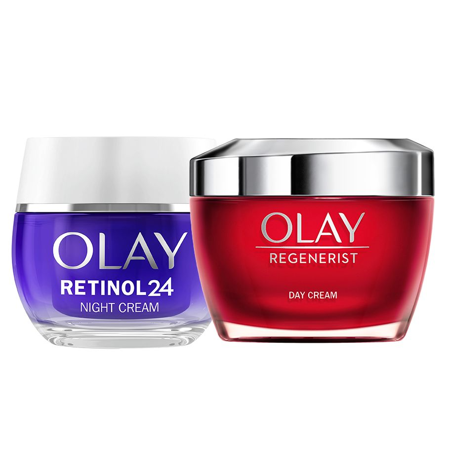 Olay Regenerist Retinol24 Crema Hidratante De Noche, Reduce Líneas De Expresión En 14 Noches + Olay Regenerist Crema Facial De Día, Fórmula Con Niacinamida (Vitamina B3) Y Péptidos 50+50ml