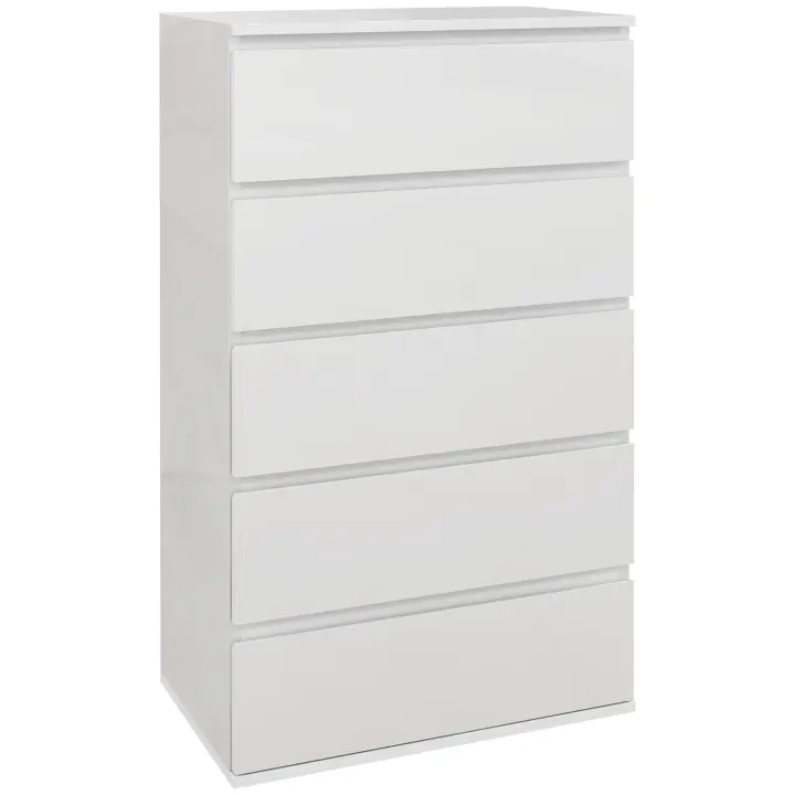 HOMCOM Cómoda con 5 Cajones de Madera Cajonera de Dormitorio Cómoda Blanca Brillante para Salón Habitación Dormitorio Estilo Moderno 53x33x100 cm - 1