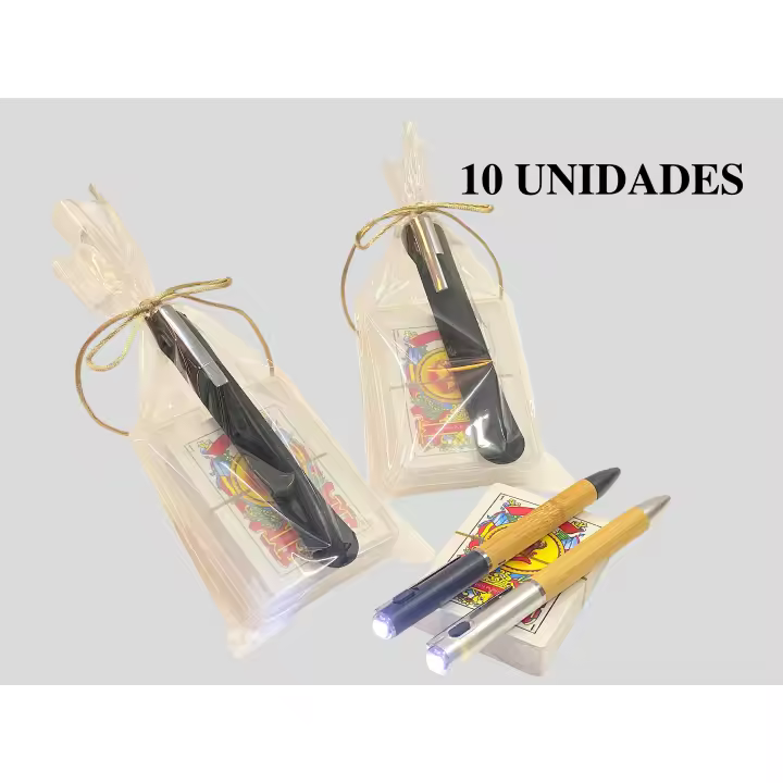 Lote de 10/15 unidades baraja de naipes española y bolígrafo de bambú con linterna en bolsa de regalo con lazo en color champan - regalos para bodas hombres caballeros detalles para invitados de boda - 1
