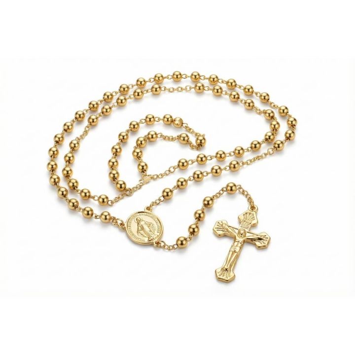 Max Acero Collar Rosario Católico de Acero Inoxidable con Medalla Virgen Milagrosa y Cuentas Lisas, Disponible en 4 Colores (Oro, Plata, Bicolor Oro-Plata, Negro-Plata), Joyería Religiosa para Hombre y Mujer