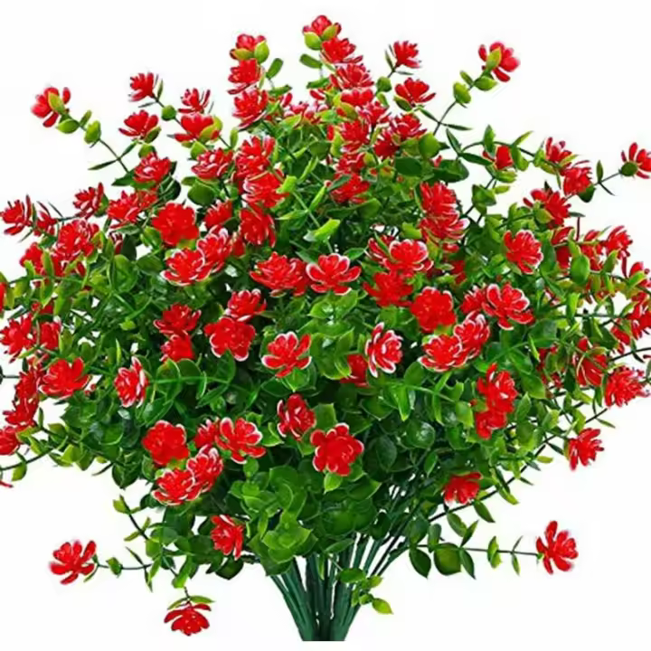 Flores artificiales, paquete de 4 plantas de eucalipto artificiales verdes, resistentes a los rayos UV, para exteriores, plantas de interior, maceteros colgantes, decoración de jardín (rojo). - 1