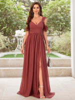 Vestido De Noche Elegante Para Mujer Unithorse Con Hombros Finos Manga Corta Cintura Ajustada Y Abertura En El Lado Chiffón Formal Para Damas De Honor - details 8