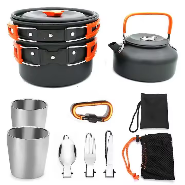 Outdoor Portable Camping Non-stick Cookware Kit Aluminum Cooking Set Water Kettle Pot Travelling Hiking Picnic BBQ Tableware - 1
