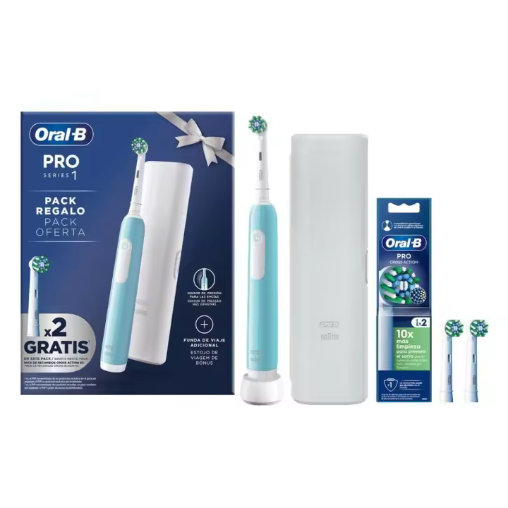 Cepillo de Dientes Eléctrico Oral-B Pro 1 Azul Turquesa, Pack Regalo Funda de Viaje y con 2 Cabezales Cross Action de Recambio. Sensor de presión encías. - 1