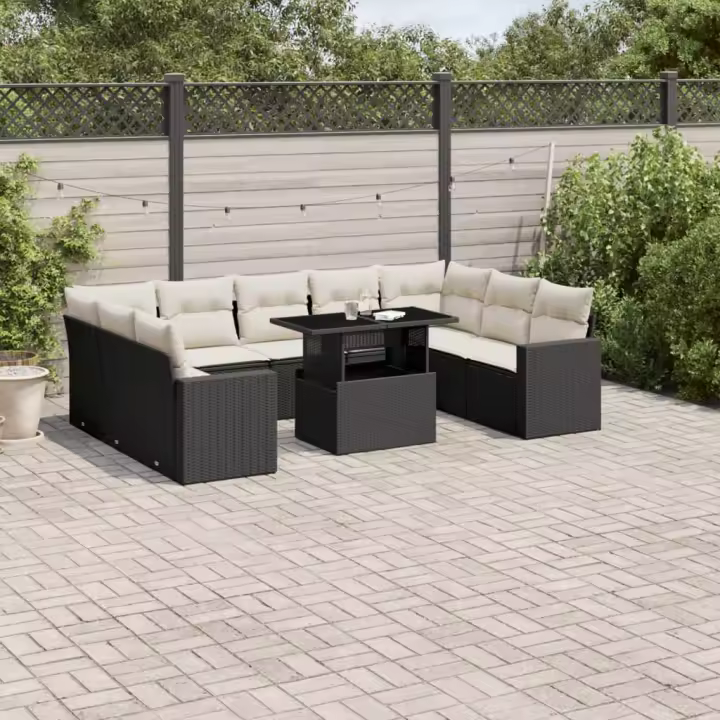 vidaXL Set de sofás de jardín 10 pzas cojines ratán sintético negro - 1