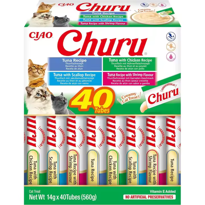 CHURU – INABA,  40 UNIDADES MIX Variedades de Snacks Sludables Base De ATÚN con MARISCO, Premio para Gatos, Premio Delicoso, Snack Liquido - 1