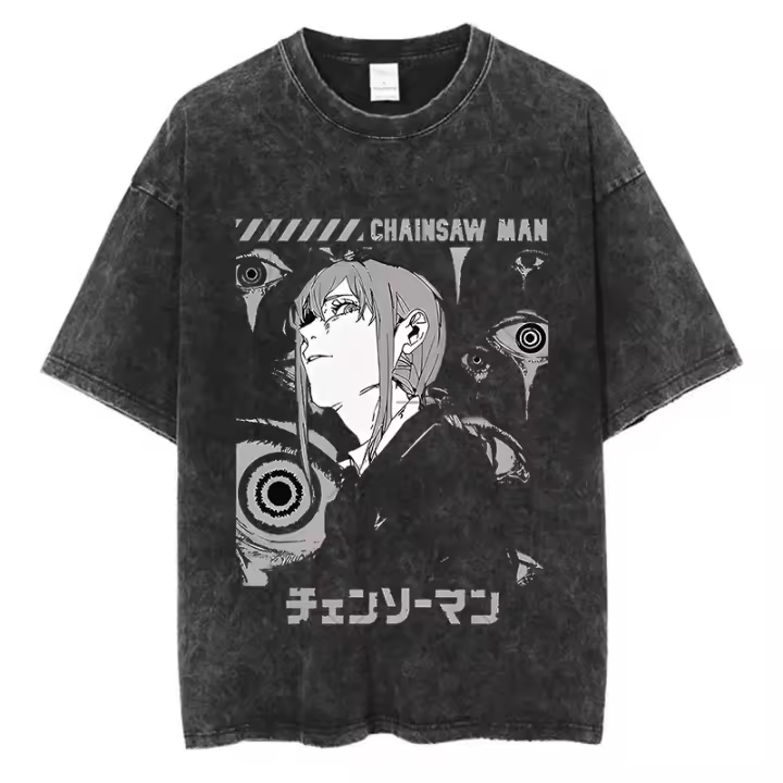 Camiseta Vintage Washed Chainsaw Man Anime Para Hombres Harajuku Oversize Tee Algodón Moda Streetwear Unisex Tops Ajustable - 1