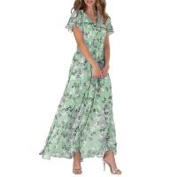 Cuello en V volantes de manga short Vestido Maxi Belt Apretada De High Belt Flowy dotladillo Dulce Vestido de Gasa con estampado floral ropa Femenina - details 0
