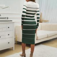 Vestido Elegante Para Mujer Con Rayas Para Oficina Stretch Pencil Knitted Vestido Alineado Cintura Natural Manga Larga O-Neck Vintage - details 9