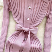 Vestido De Punto Para Mujer REALEFT Otoño Invierno Con Cinturón Cuello Polo De Mano Sola Manga Larga Ajuste Cintura Alta Vestido De Trabajo - details 29