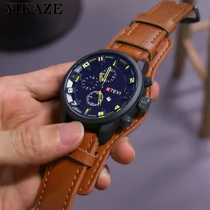 Reloj Retro Para Hombre De Lujo Con Correa De Cuero PU Reloj De Pulsera Militar Táctico De Gran Dial Calendario Completo Movimiento De Cuarzo - 1