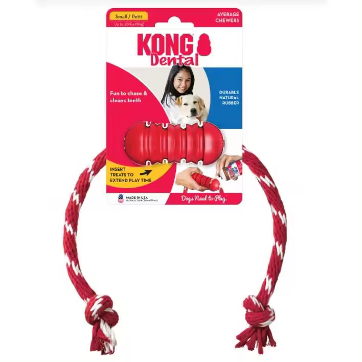 KONG Dental con cuerda diseñado para satisfacer la necesidad instintiva de masticar de su perro y a su vez ofrece el beneficio de limpiarle los dientes talla S y M - 1