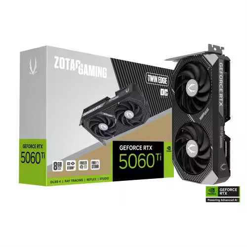 VGA ZOTAC RTX 5060 TI 8GB TWIN EDGE OC,NV,RTX5060TI,8GB,GDDR7,128BIT,1HDMI+3DP,2 VENTILADORES (ZT-B50610H-10M) - 1