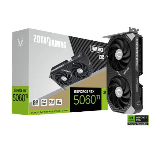 VGA ZOTAC RTX 5060 TI 8GB TWIN EDGE OC,NV,RTX5060TI,8GB,GDDR7,128BIT,1HDMI+3DP,2 VENTILADORES (ZT-B50610H-10M) - 1