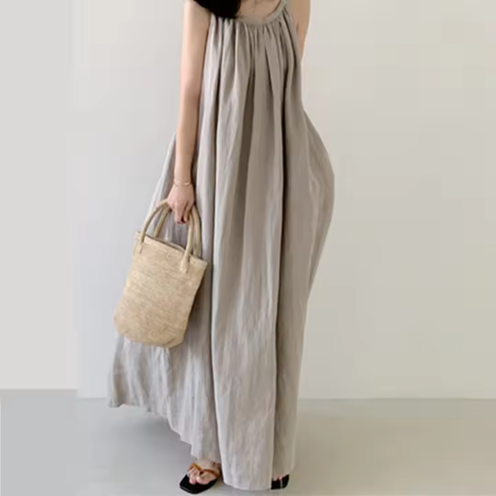 Vestido Largo De Hombros Descubiertos Sin Mangas Para Mujer REALEFT Verano Algodón Y Lino Nuevo Vintage Cuello Redondo Midi - 1