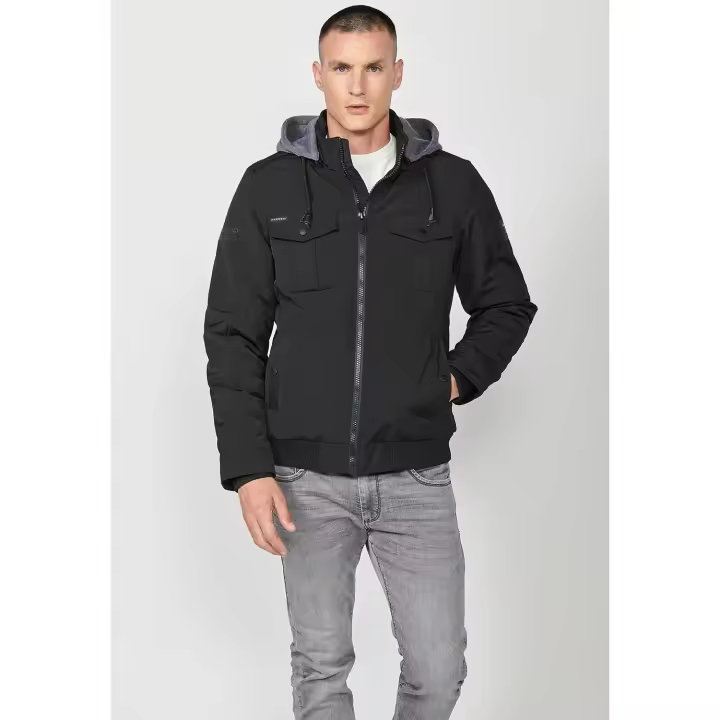 Gabardina Koroshi, capucha principal, cremallera frontal y negra para hombre - 1