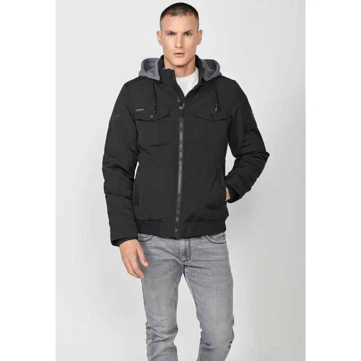 Gabardina Koroshi, capucha principal, cremallera frontal y negra para hombre - 1