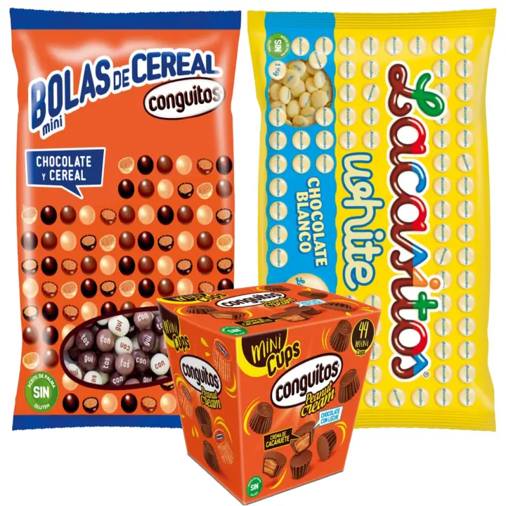 Pack Conguitos mini bolas cereal mix 1kg,Conguitos mini cups leche est 200g,Lacasitos white bolsa 1kg - 1