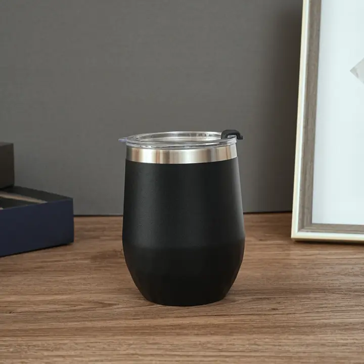 Vaso De Vino De Huevo Negro 12oz/360ml Con Tapa Selladora Acero Inoxidable Taza Termo Portátil Para Cervezas Y Bebidas - 1