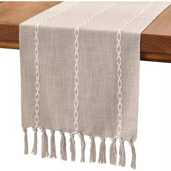 Camino de mesa de lino y algodón estilo rústico, camino de mesa de café de 180 cm con borlas hechas a mano para fiestas, decoraciones de comedor (café claro, 180 cm) - 1