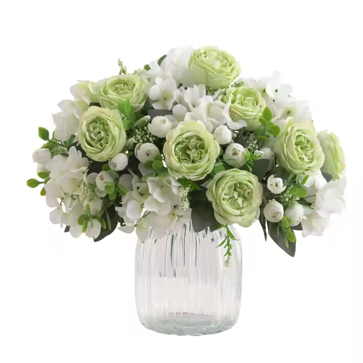 4 racimos de peonía verde flores artificiales para decoración imitación Rosa falso ramo seda arreglo de flores centro de mesa (verde) - 1