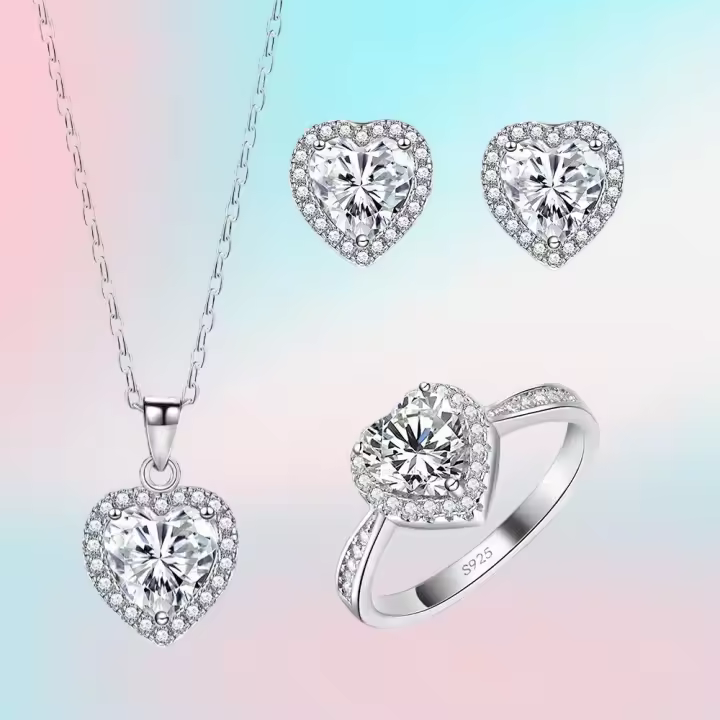 Juego De Joyas De Aniversario Romántico Para Día De San Valentín En Plata De Ley 925 Con Zirconia Cúbica Corazón Anillo Collar Y Aretes Para Mujer - 1