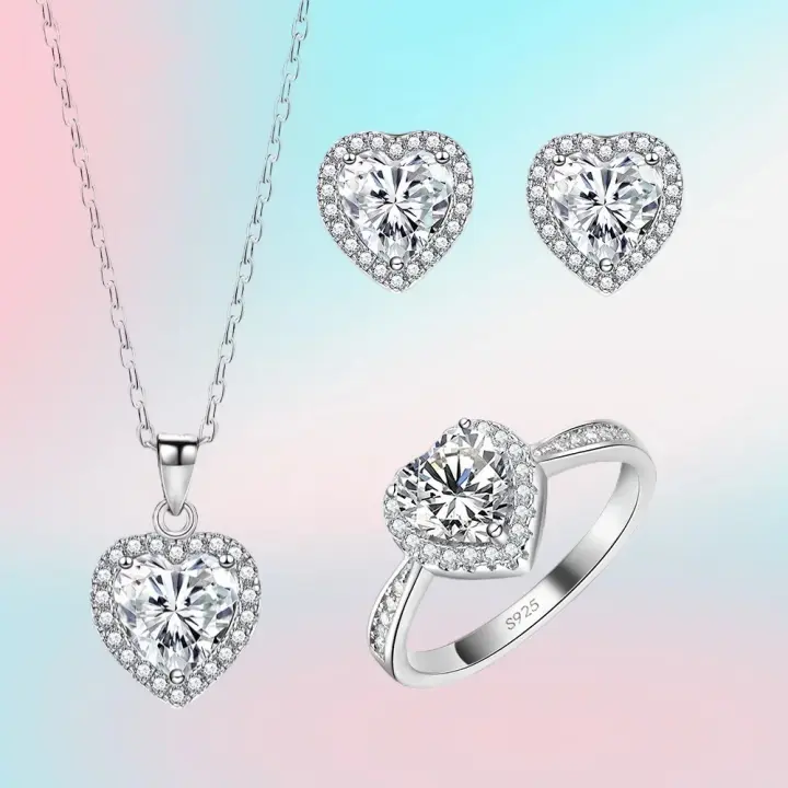 Juego De Joyas De Aniversario Romántico Para Día De San Valentín En Plata De Ley 925 Con Zirconia Cúbica Corazón Anillo Collar Y Aretes Para Mujer - 1