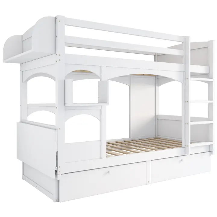 Litera Multifunctional para Niños 90x200 cm - Diseño Ajustable, Estante Integrado, Escalera Antideslizante Y 2 Cajones de Almacenamiento - Marco de Madera Maciza Blanco Natural (Sin Colchón) - 1