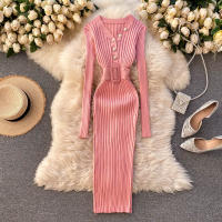 Vestido Bodycon Elegante De Mujer REALEFT Otoño Invierno 2024 Con Cinturón Y Botones De Manga Larga Estilo Casual Longitud Pierna - details 2