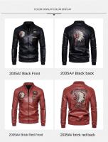 Chaqueta De Cuero Para Motociclista Para Hombre Impermeable Y Resistente Al Viento Con Cuello Erguido Bordado Ajustada Con Cremallera - details 4