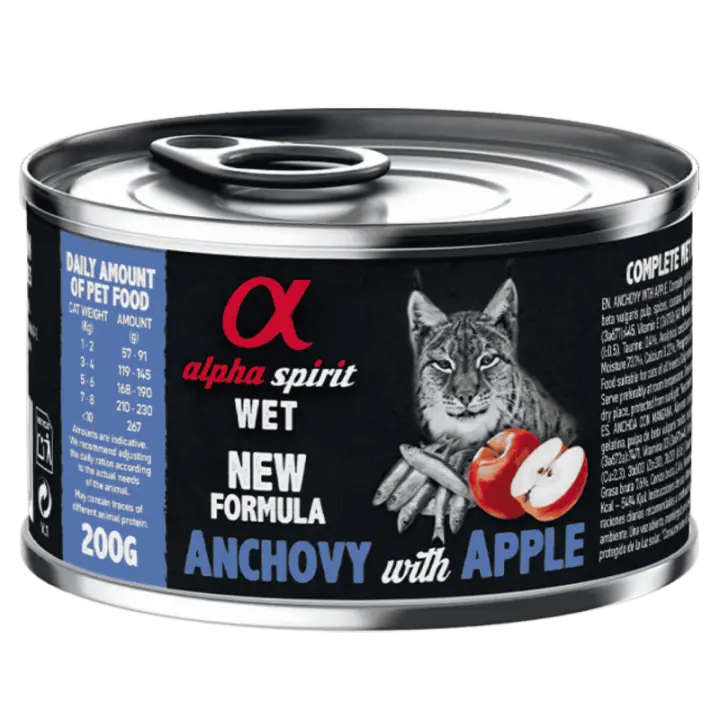 Alpha Spirit Alimento Húmedo para Gatos sabor Boquerón con Manzana Roja – Lata 200 g | 100% Natural y Sin Cereales - 1