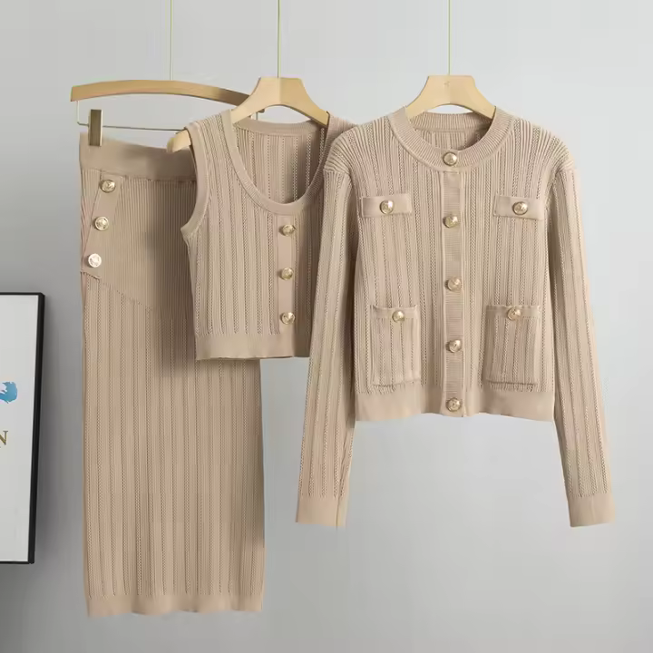 Conjunto De Vestido Elegante 3 Piezas Para Mujer Primavera/Verano Suéter De Punto Abierta Oficina Moda Coreana Mid-Calf Polyester Viscosa - 1