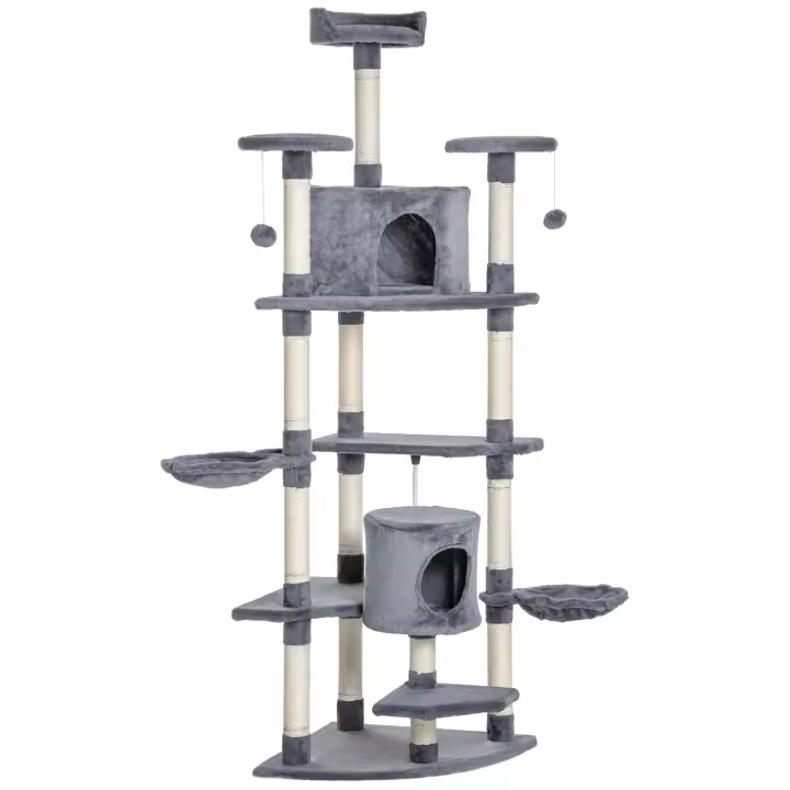 PawHut Árbol Rascador para Gatos Grande 60x60x200 cm con 2 Cuevas 2 Hamacas Cama Múltiples Plataformas Postes Rascadores de Sisal Natural y Bolas de Juguete Gris - 1