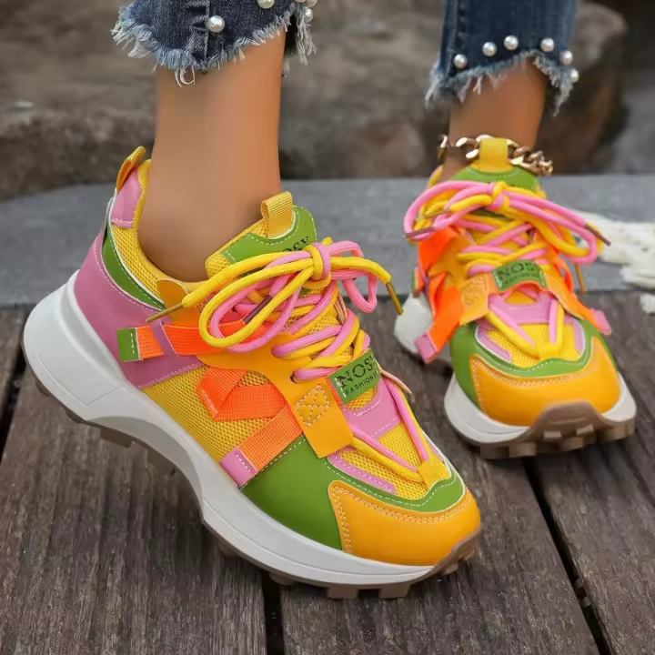 Nuevas Zapatillas De Mujer 2024 Cómodas Y Transpirables Con Cordones Plataforma Baja Para Exterior Casual Colorido Mesh - 1