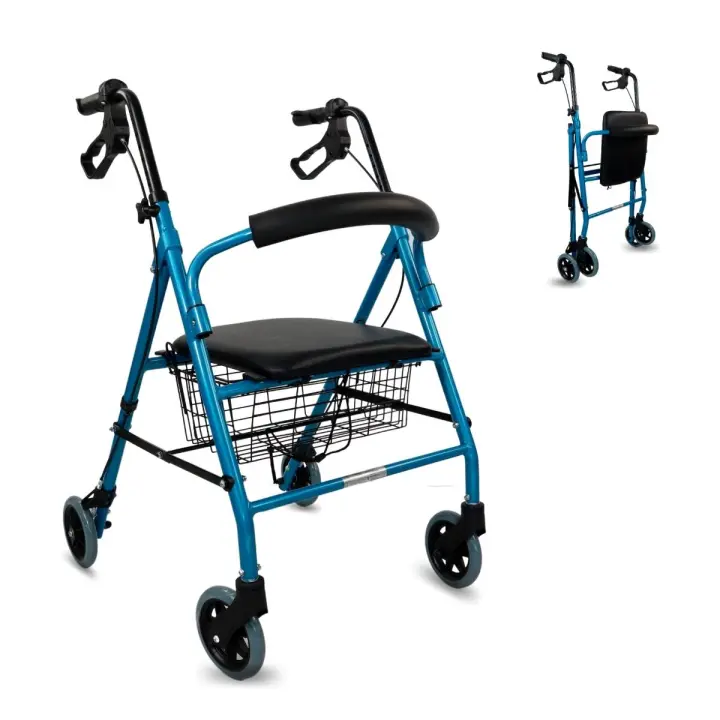 Mobiclinic® Andador para ancianos Escorial Plegable Frenos manuales y bloqueables Aluminio Con cesta Ligero y resistente Con asiento y 4 ruedas Burdeos - 1