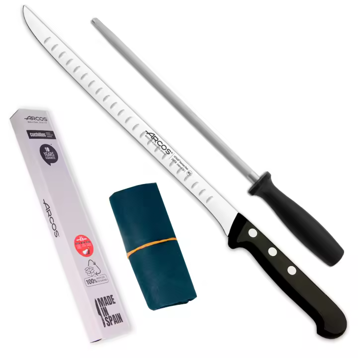 Arcos Juego Cuchillo Jamonero 3 Pzas  jamonero alveolos jamonero acero inoxidable (240 mm), afilador Chaira y cubre jamón  Juego Cuchillos jamonero profesional  Paleta ibérica  Envase Ecologico - 1