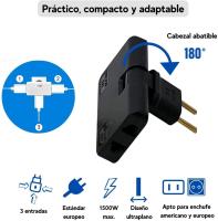 Pack 2 Ladron Enchufe Multiple Plano de 3 Tomas Diseño Fino: Ideal para Espacios reducidos Cabezal Giratorio 180º Adaptador Americano y Europeo Sello CE 250 V Toma Tierra 10A () - details 2