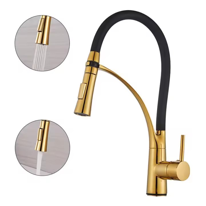 PORCHEDDU Grifo de Cocina, Grifo de Cocina con Caño Flexible Giratorio 360 ° y Manguera de Silicona Negra, con Rociador Extraible y Rociador de Doble Función, disponible en Frío y Caliente Dorado (con Manguera de salida) - 1