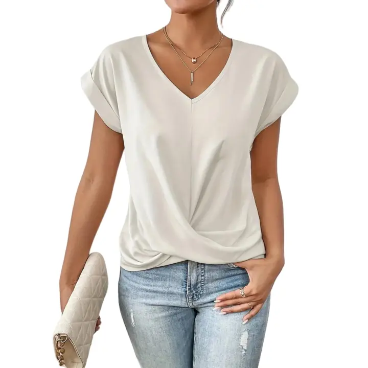 Camiseta de cuello en V lisa - Elegante blusa de manga corta para mujer (Primavera/Verano) - 1